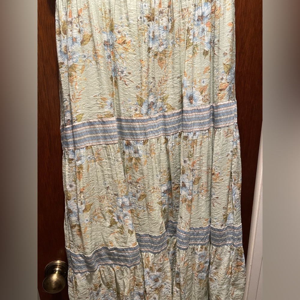 Floral Tie Midi Strap Dress with Blue, Green, and Beige Tones - Picture 3 of 12